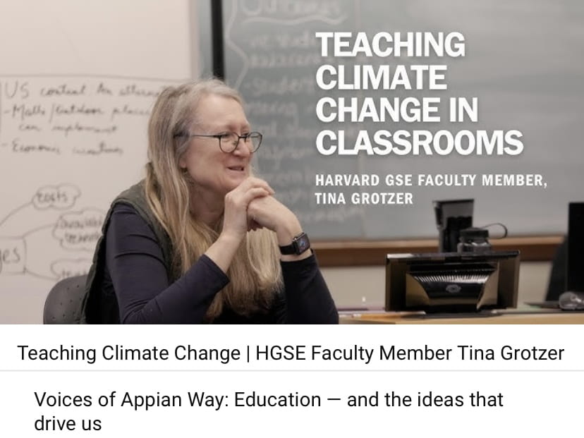 Screenshot of video. Tina Grotzer is pictured sitting at a classroom table with the title "Teaching Climate Change in Classrooms" overlaid.